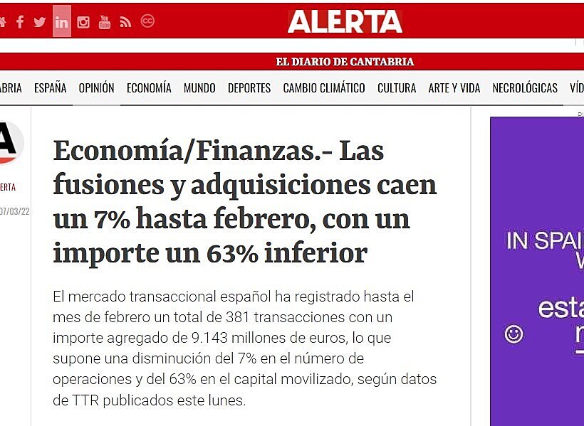 Economa/Finanzas.- Las fusiones y adquisiciones caen un 7% hasta febrero, con un importe un 63% inferior